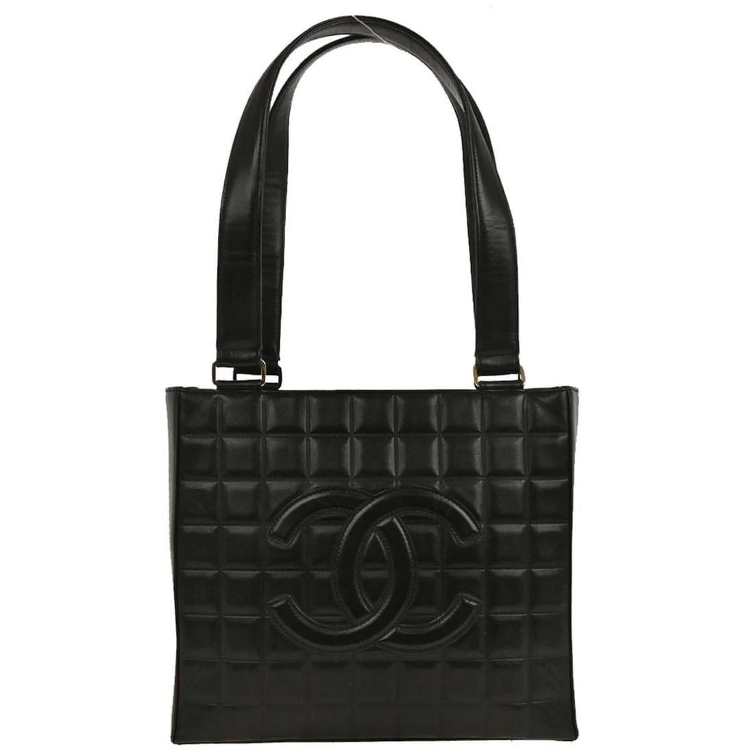 CHANEL BLACK LAMBSKIN CHOCO BAR TOTE HANDBAG: Chanel Black Lambskin Choco Bar Tote Handbag Brand: CHANEL Type/Style: Hand Bag Material: Lambskin Color: Black Size: W 9.8 x H 7.9 x D 3.1 " Handle Drop. 9.4 " Accessories: None Accessories