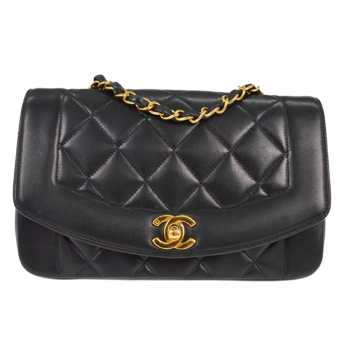 CHANEL BLACK LAMBSKIN SMALL DIANA SHOULDER BAG: Chanel Black Lambskin Small Diana Shoulder Bag Brand: CHANEL Type/Style: Shoulder Bag Material: Lambskin Leather Color: Black Size: W 8.7 x H 5.5 x D 2.8 " Strap Drop. 20.5 " Accessories: