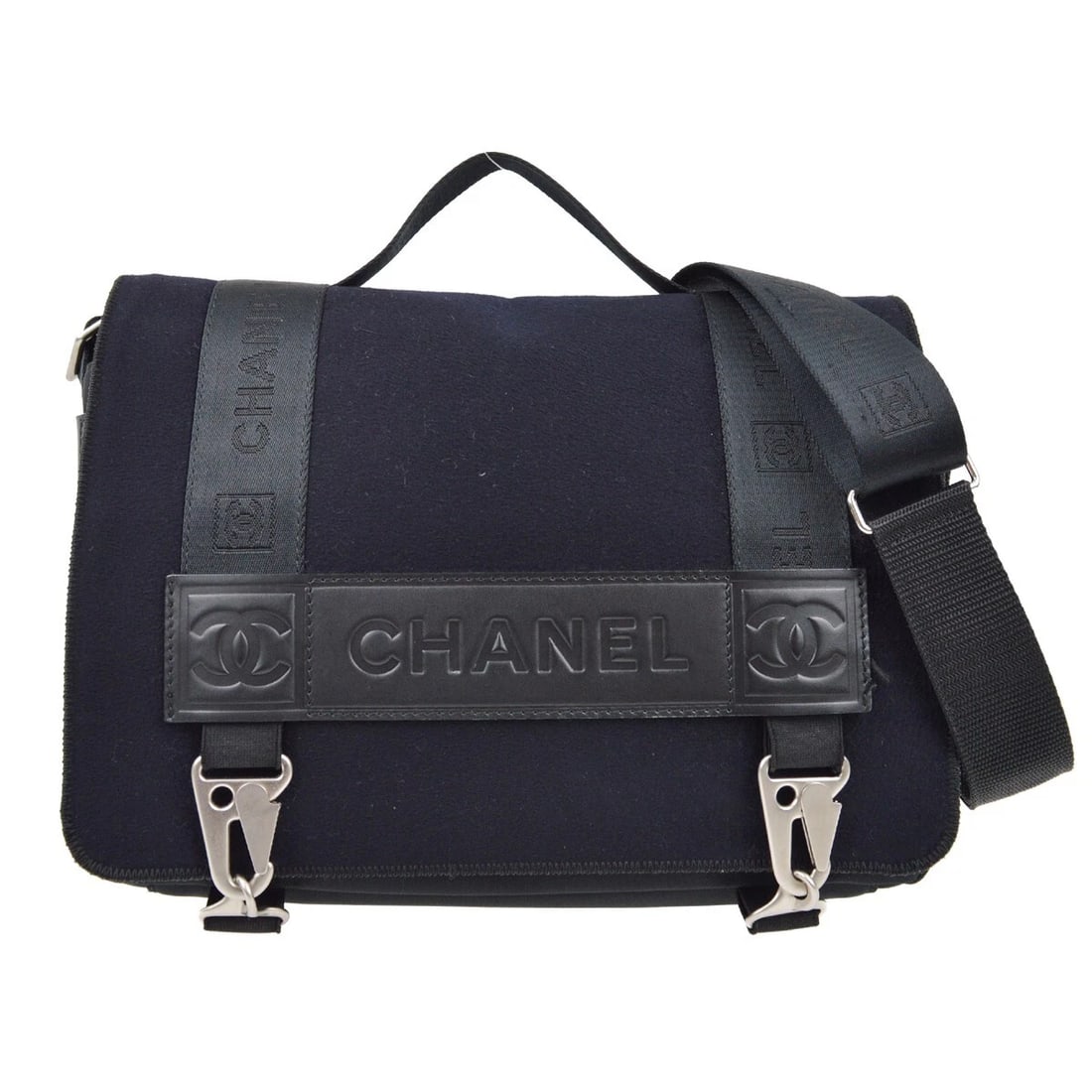 CHANEL BLACK FELT NYLON SPORT LINE 2WAY HANDBAG: Chanel Black Felt Nylon Sport Line 2way Handbag Brand: CHANEL Type/Style: Top Handle Bag Material: Felt, Nylon, Calfskin Color: Black Size: W 11.0 x H 8.3 x D 3.1 " Handle Drop. 1.6 " 