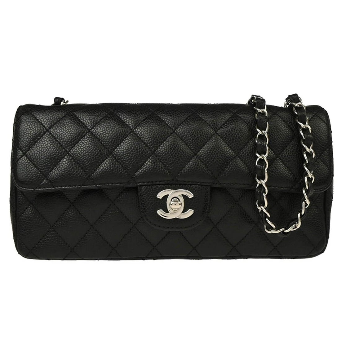 CHANEL BLACK CALFSKIN EAST WEST SHOULDER BAG: Chanel Black Calfskin East West Shoulder Bag Brand: CHANEL Type/Style: Shoulder Bag Material: Caviar Skin Leather Color: Black Size: W 9.8 x H 5.1 x D 2.0 " Strap Drop.11.8 " Accessories: