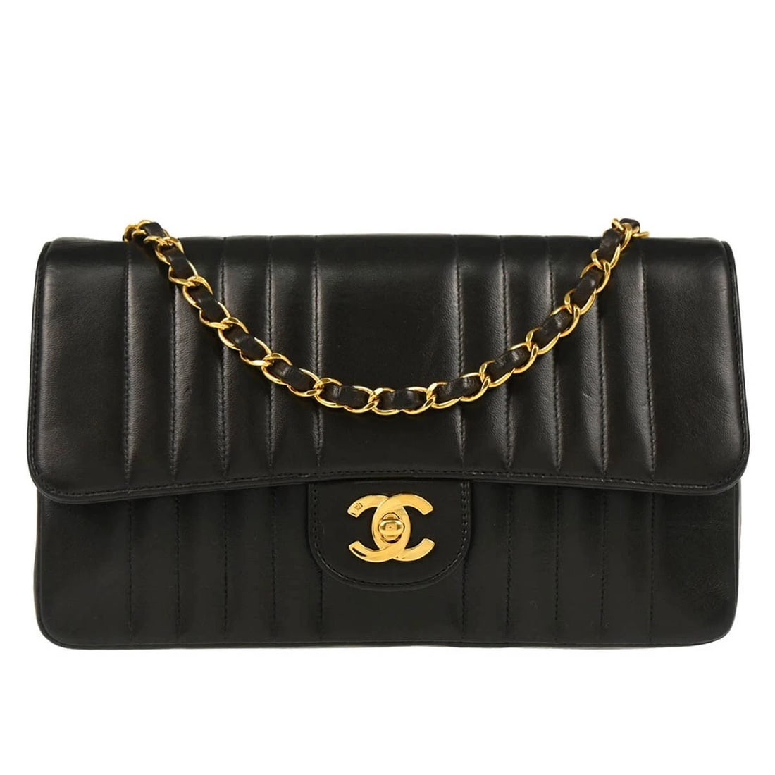 CHANEL BLACK LAMBSKIN VERTICAL STITCH SINGLE FLAP SHOULDER BAG: Chanel Black Lambskin Vertical Stitch Single Flap Shoulder Bag Brand: CHANEL Type/Style: Shoulder Bag Material: Lambskin Leather Color: Black Size: W 9.8 x H 5.9 x D 2.8 " Strap Drop. 20.9 " Acce
