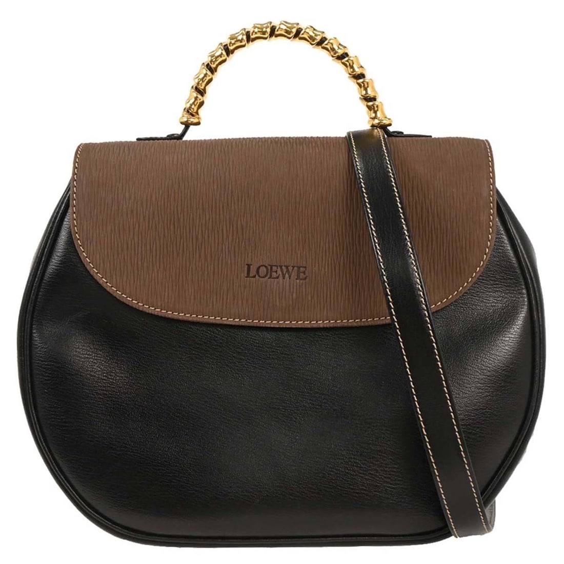 LOEWE BLACK BROWN LEATHER VELAZQUEZ 2WAY SHOULDER HANDBAG: Loewe Black Brown Leather Velazquez 2way Shoulder Handbag Brand: Loewe Type/Style: Top Handle Bag Material: Leather Color: Black, Brown Size: W 10.6 x H 8.3 x D 2.8 " Handle Drop. 2.0 " Strap Drop