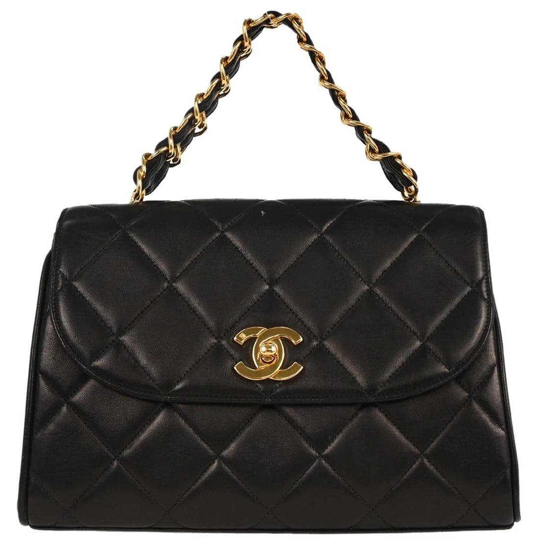 CHANEL BLACK LAMBSKIN HANDBAG: Chanel Black Lambskin Handbag Brand: CHANEL Type/Style: Top Handle Bag Material: Lambskin Color: Black Size: W 9.8 x H 6.3 x D 4.3 " Handle Drop. 3.9 " Accessories: None Accessories Notice