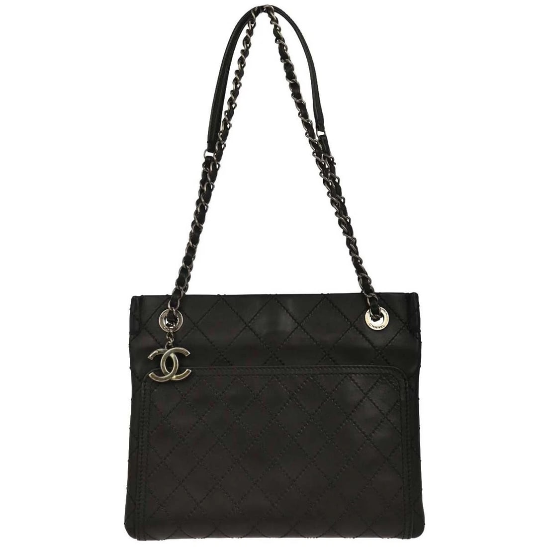 CHANEL BLACK CALFSKIN WILD STITCH CHAIN TOTE BAG: Chanel Black Calfskin Wild Stitch Chain Tote Bag Brand: CHANEL Type/Style: Tote Material: Calfskin leather Color: Black Size: W 10.2 x H 8.7 x D 0.8 " Strap Drop. 9.4 " Accessories: None A