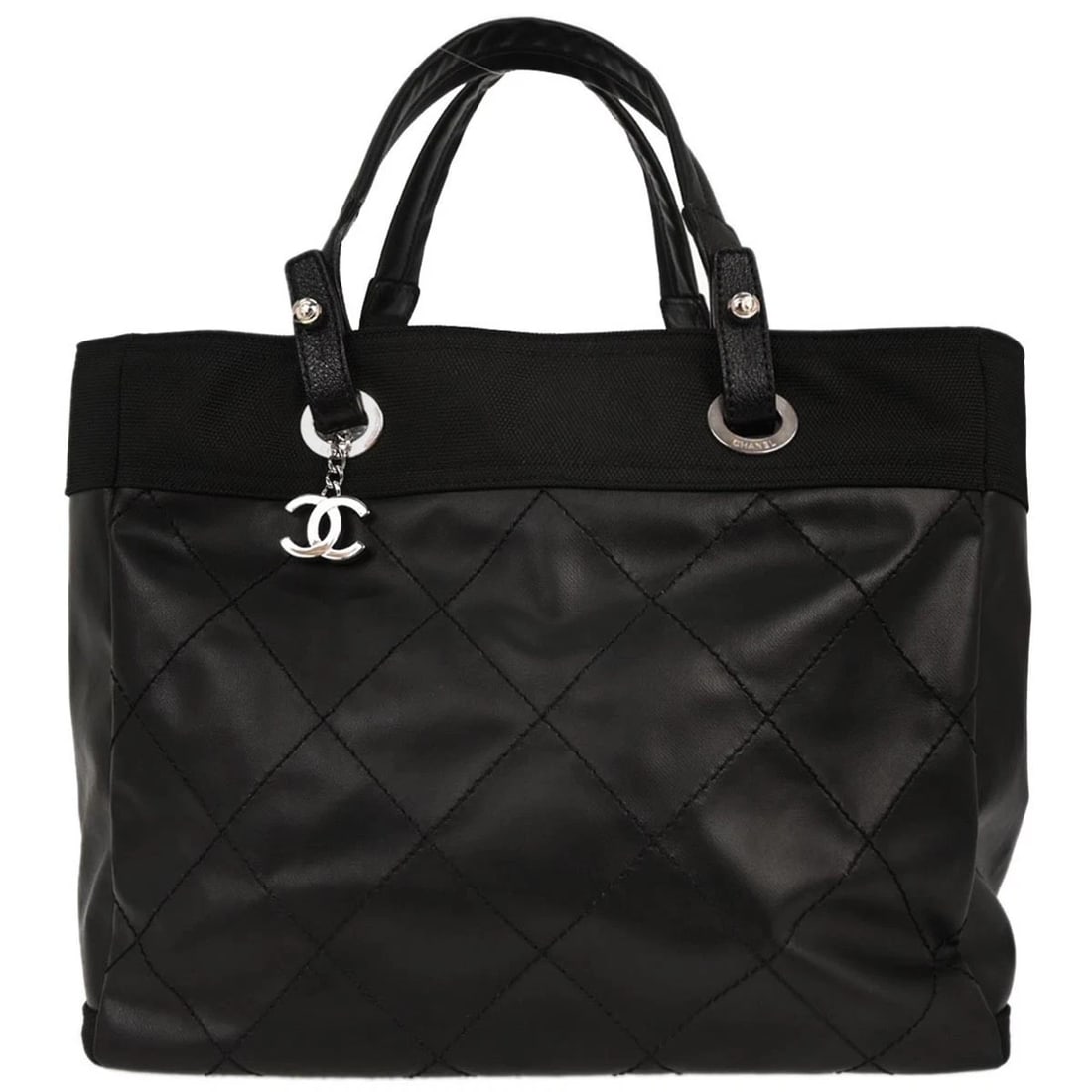 CHANEL BLACK LEATHER PARIS-BIARRITZ GM TOTE HANDBAG: Chanel Black Leather Paris-Biarritz GM Tote Handbag Brand: CHANEL Type/Style: Tote Material: Coated canvas, Canvas, Leather Color: Black Size: W 13.8 x H 11.4 x D 5.9 " Handle Drop. 6.3 " Accesso