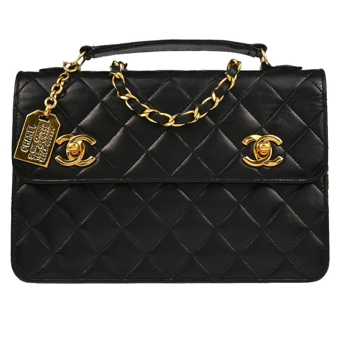 CHANEL BLACK LAMBSKIN 2WAY HANDBAG: Chanel Black Lambskin 2way Handbag Brand: CHANEL Type/Style: Top Handle Bag Material: Lambskin Color: Black Size: W 9.1 x H 6.3 x D 2.0 " Handle Drop. 1.2 " Strap Drop. 15.4 " Accessories: None