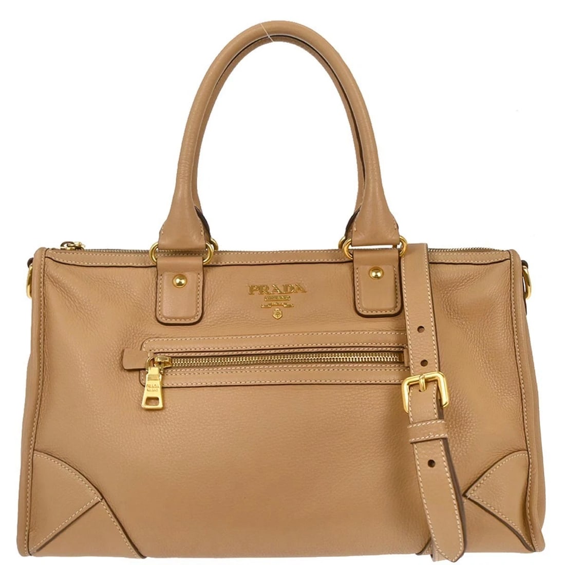 PRADA BEIGE LEATHER 2WAY HANDBAG: Prada Beige Leather 2way Handbag Brand: PRADA Type/Style: Top Handle Bag Material: Leather / VIT.DAINO Color: Beige / SUGHERO Size: W 15.0 x H 9.1 x D 5.9 " Handle Drop. 5.9 " Strap Drop. 9.8 - 11