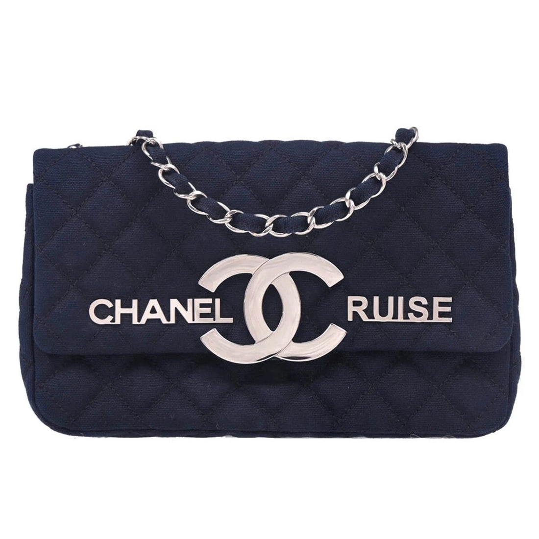 CHANEL NAVY CANVAS CRUISE LINE SHOULDER BAG: Chanel Navy Canvas Cruise Line Shoulder Bag Brand: CHANEL Type/Style: Shoulder Bag Material: Canvas Color: Navy Size: W 9.1 x H 5.5 x D 2.8 " Strap Drop.(Single) 16.5 " Strap Drop.(Double) 9.1 "