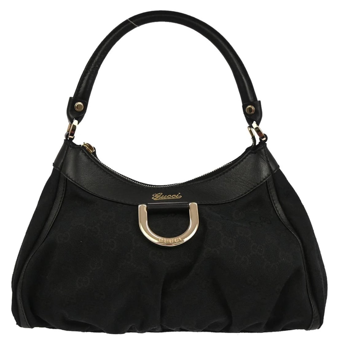 GUCCI BLACK GG ABBEY D RING HANDBAG: Gucci Black GG Abbey D Ring Handbag Brand: Gucci Type/Style: Top Handle Bag Material: Canvas, Leather Color: Black Size: W 12.6 x H 7.9 x D 5.1 " Handle Drop. 6.3 " Accessories: None Acces