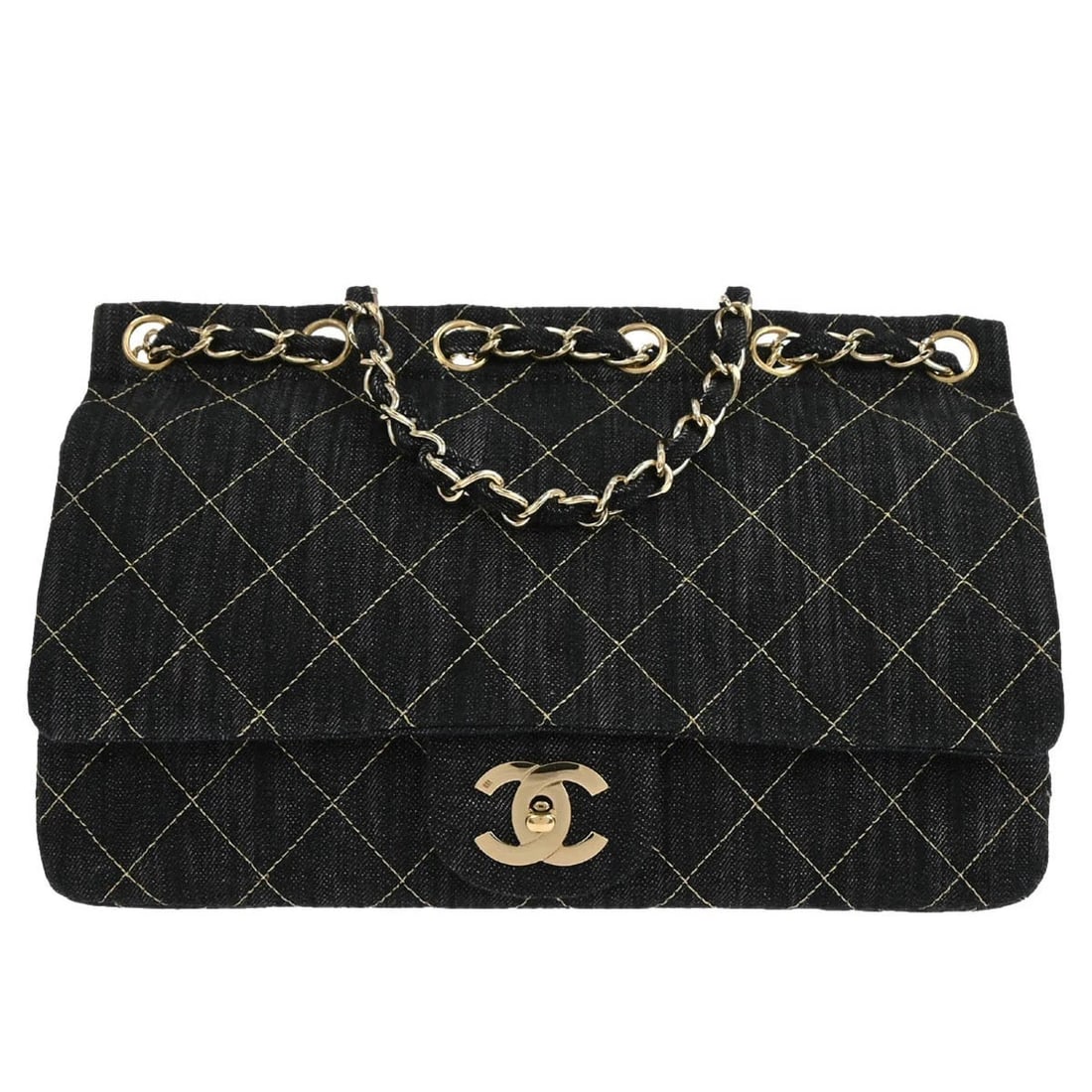 CHANEL INDIGO DENIM SHOULDER BAG: Chanel Indigo Denim Shoulder Bag Brand: CHANEL Type/Style: Shoulder Bag Material: Denim Color: Indigo Size: W 12.2 x H 7.9 x D 2.8 " Strap Drop. 14.6 " Accessories: None Accessories Notice
