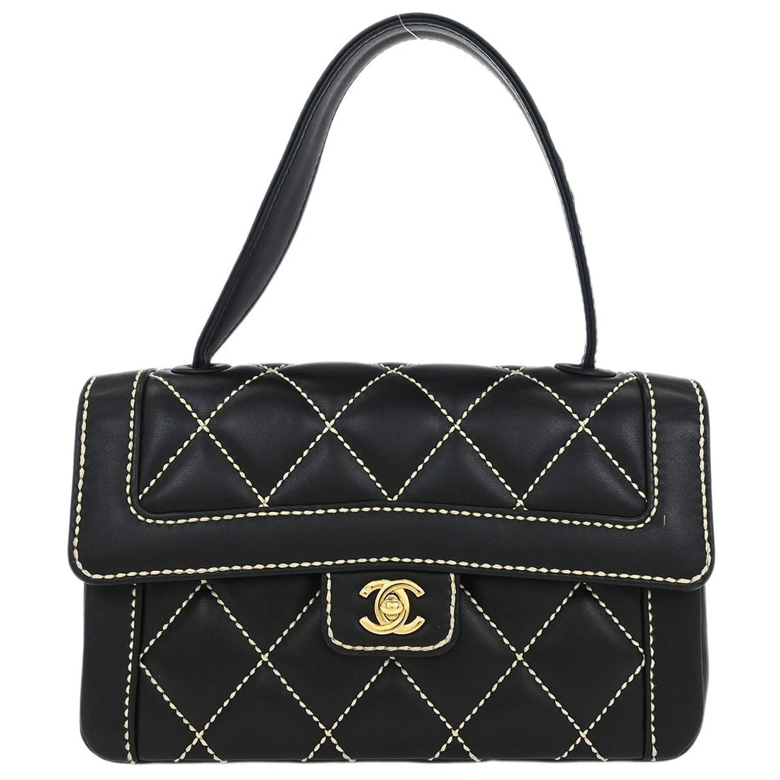 CHANEL BLACK CALFSKIN WILD STITCH HANDBAG: Chanel Black Calfskin Wild Stitch Handbag Brand: CHANEL Type/Style: Top Handle Bag Material: Calfskin Color: Black Size: W 9.8 x H 6.3 x D 2.8 " Handle Drop. 5.1 " Accessories: None Access