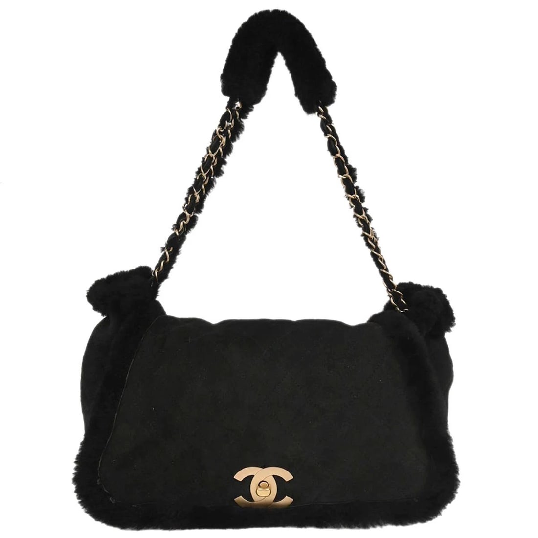 CHANEL BLACK SHEEPSKIN MOUTON HANDBAG: Chanel Black Sheepskin Mouton Handbag Brand: CHANEL Type/Style: Top Handle Bag Material: Sheepskin, Mouton Color: Black Size: W 11.8 x H 7.5 x D 4.3 " Handle Drop. 9.4 " Accessories: None