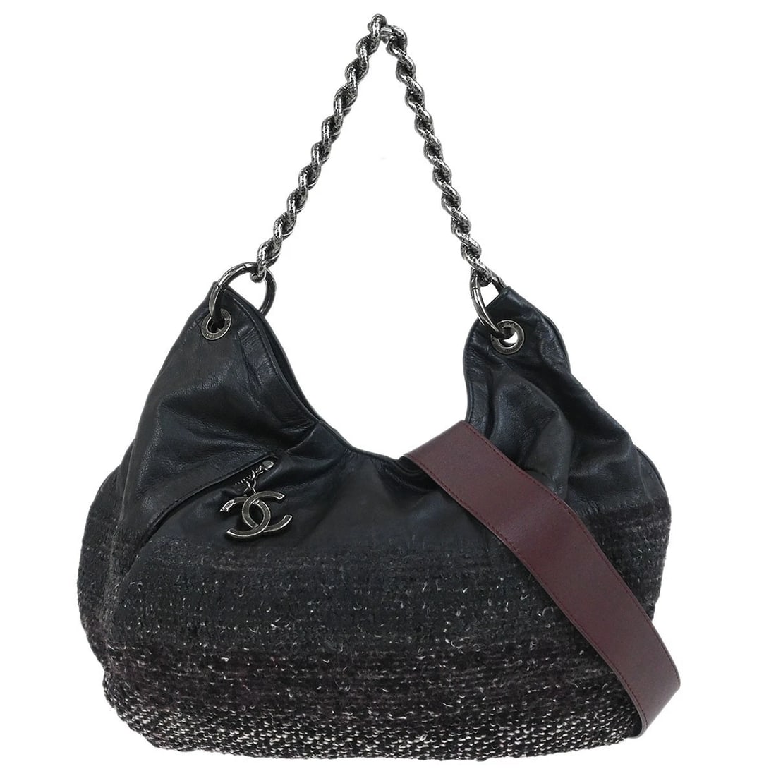 CHANEL BLACK TWEED CALFSKIN COCO PLEATS HOBO BAG: Chanel Black Tweed Calfskin Coco Pleats Hobo Bag Brand: CHANEL Type/Style: Hobo Bag Material: Tweed, Calfskin Color: Black Size: W 17.3 x H 11.0 " Handle Drop. 5.9 " Strap Drop. 17.3 - 26.4 " Acc