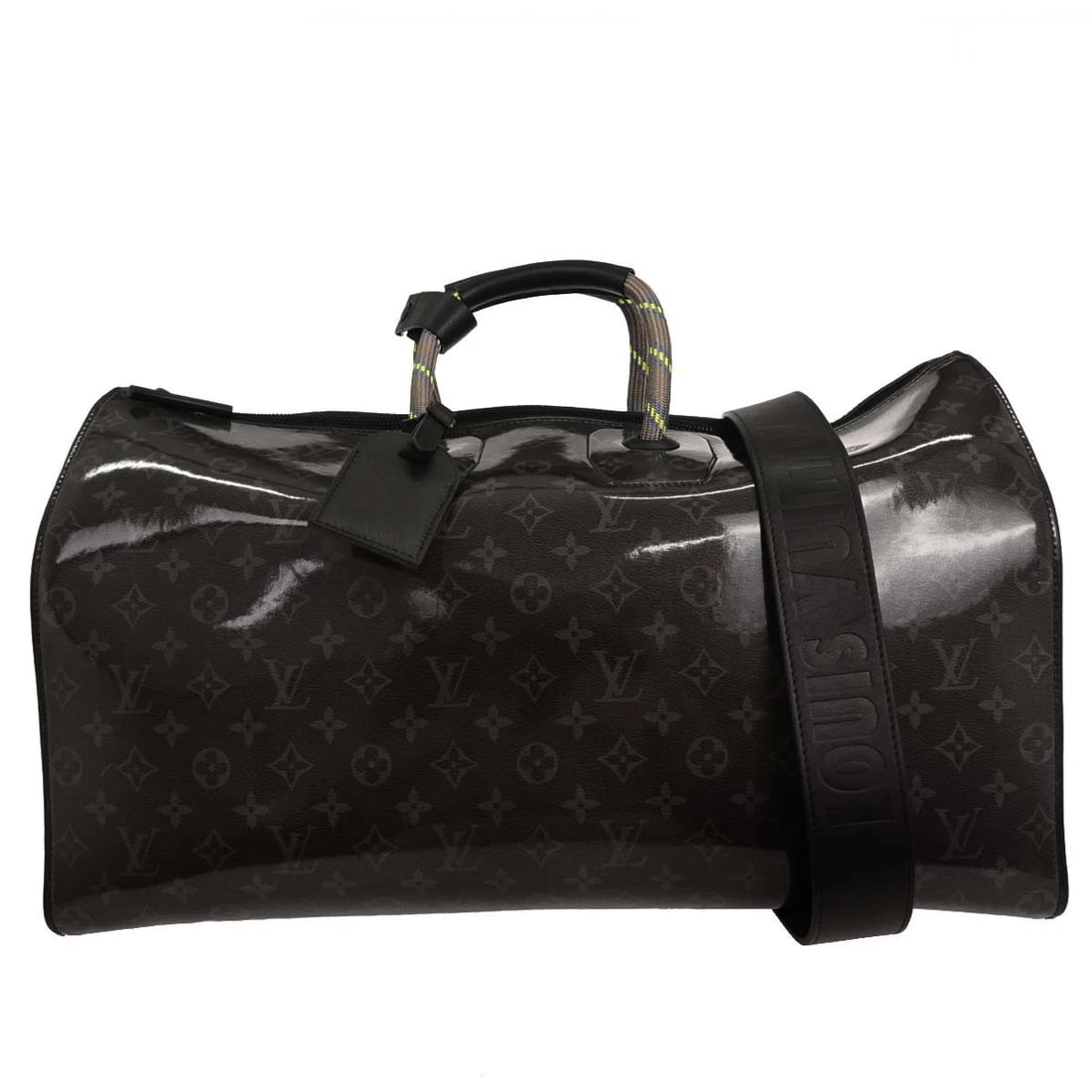 LOUIS VUITTON GLAZE KEEPALL BANDOULIERE 50 HANDBAG: Louis Vuitton Glaze Keepall Bandouliere 50 Handbag Brand: Louis Vuitton Type/Style: Duffle Material: Monogram Glaze Canvas, Leather Color: Black Size: W 19.7 x H 10.6 x D 7.9 " Handle Drop. 3.5 "