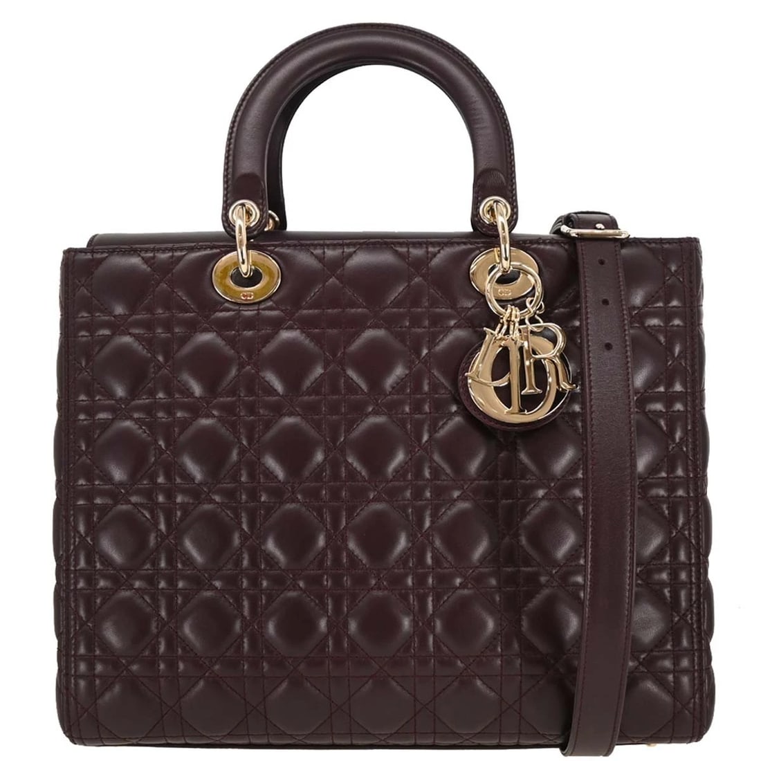 CHRISTIAN DIOR BORDEAUX LAMBSKIN LADY DIOR 2WAY HANDBAG: Christian Dior Bordeaux Lambskin Lady Dior 2way Handbag Brand: Dior Type/Style: Satchel/Top Handle Bag Material: Lambskin Color: Bordeaux Size: W 12.6 x H 10.2 x D 4.7 " Handle Drop. 3.9 " Strap D