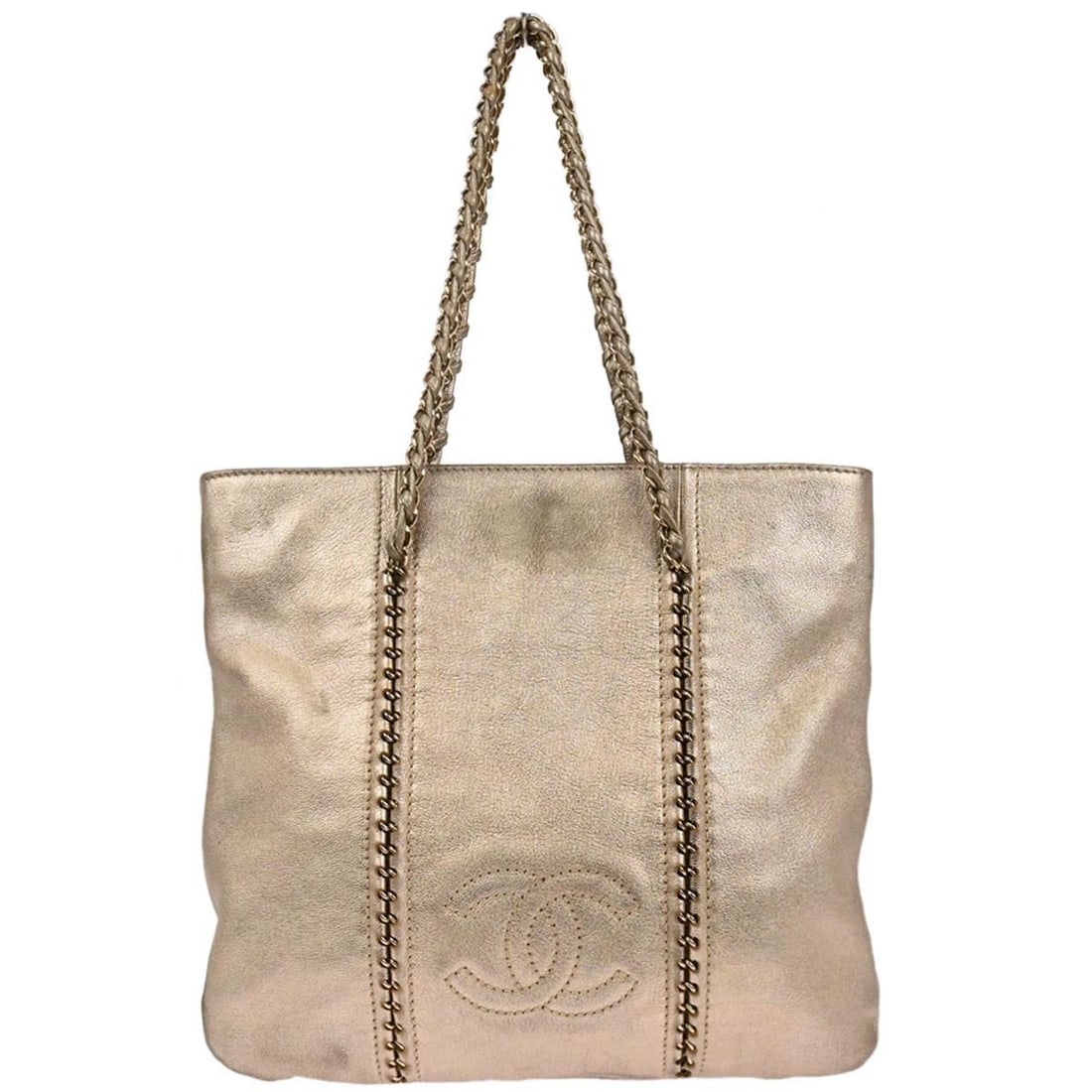 CHANEL GOLD CALFSKIN LUXURY LINE TOTE HANDBAG: Chanel Gold Calfskin Luxury Line Tote Handbag Brand: CHANEL Type/Style: Tote Material: Calfskin Color: Gold Size: W 12.6 x H 11.8 x D 0.8 " Handle Drop. 8.7 " Accessories: None Accessories