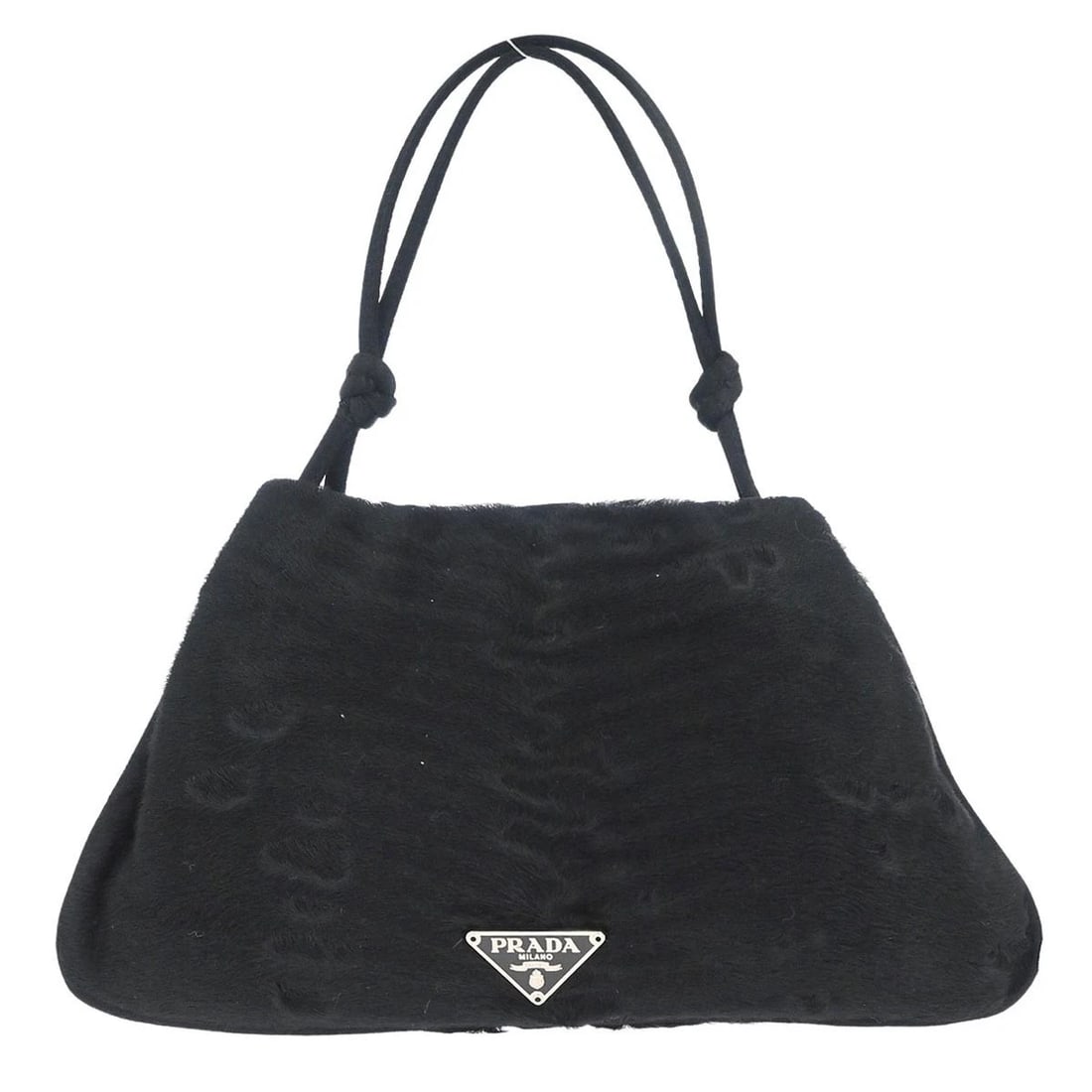 PRADA BLACK PONY HAIR HANDBAG: Prada Black Pony Hair Handbag Brand: PRADA Type/Style: Top Handle Bag Material: Pony Hair Color: Black Size: W 9.1 x H 5.1 x D 0.4 " Handle Drop. 4.3 " Accessories: None Accessories Notice