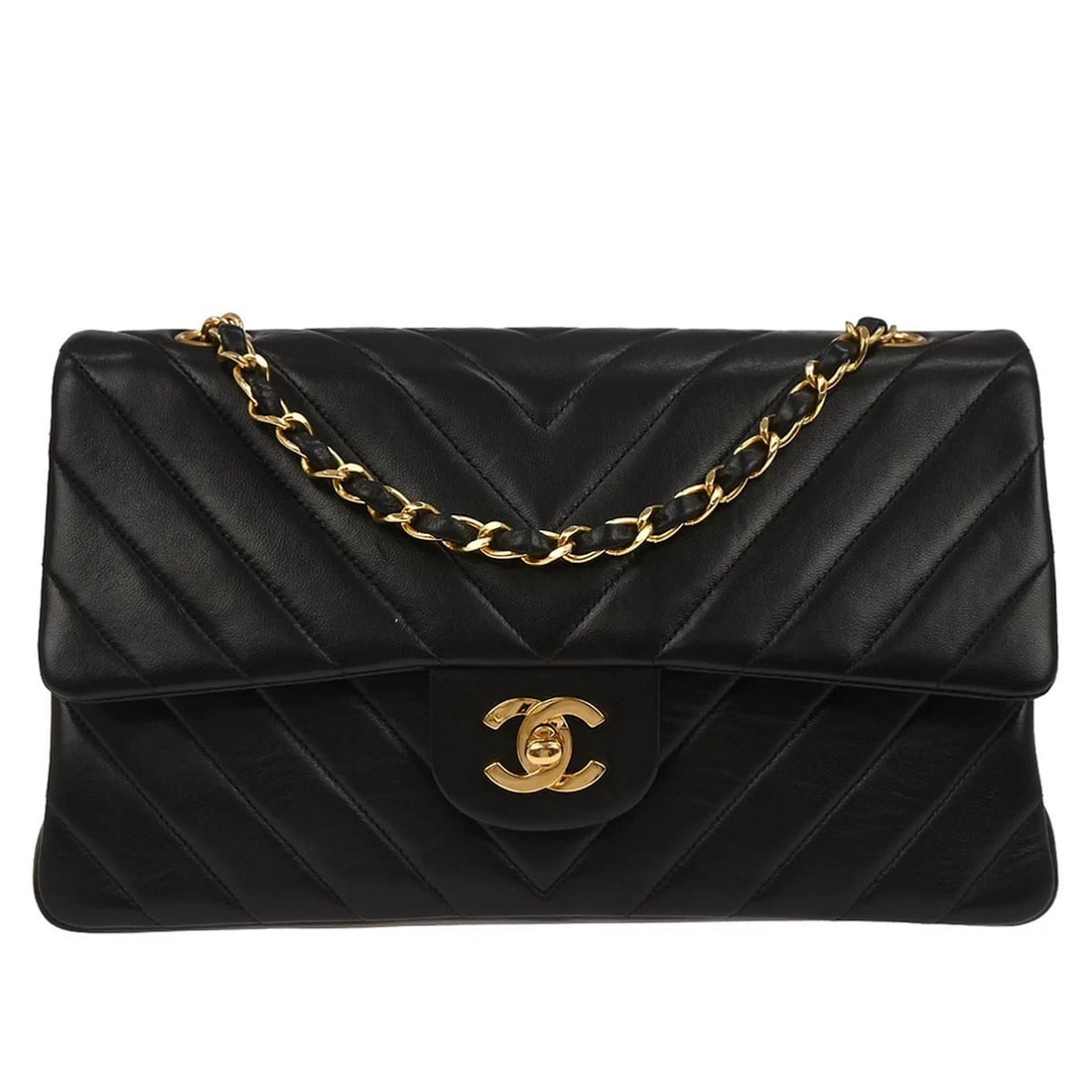 CHANEL BLACK LAMBSKIN CHEVRON MEDIUM CLASSIC DOUBLE FLAP SHOULDER BAG: Chanel Black Lambskin Chevron Medium Classic Double Flap Shoulder Bag Brand: CHANEL Type/Style: Shoulder Bag Material: Lambskin Leather Color: Black Size: W 9.8 x H 6.3 x D 2.8 " Strap Drop.(Singl