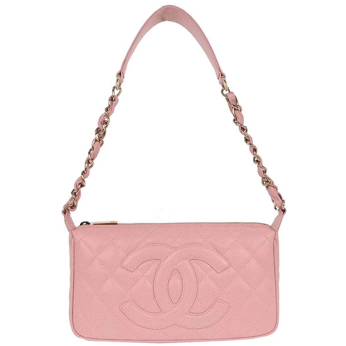CHANEL PINK CALFSKIN SHOULDER BAG 196046: Chanel Pink Calfskin Shoulder Bag 196046 Brand: CHANEL Type/Style: Shoulder Bag Material: Caviar skin leather Color: Pink Size: W 9.8 x H 5.9 x D 2.0 " Strap Drop. 10.2 " Accessories: None