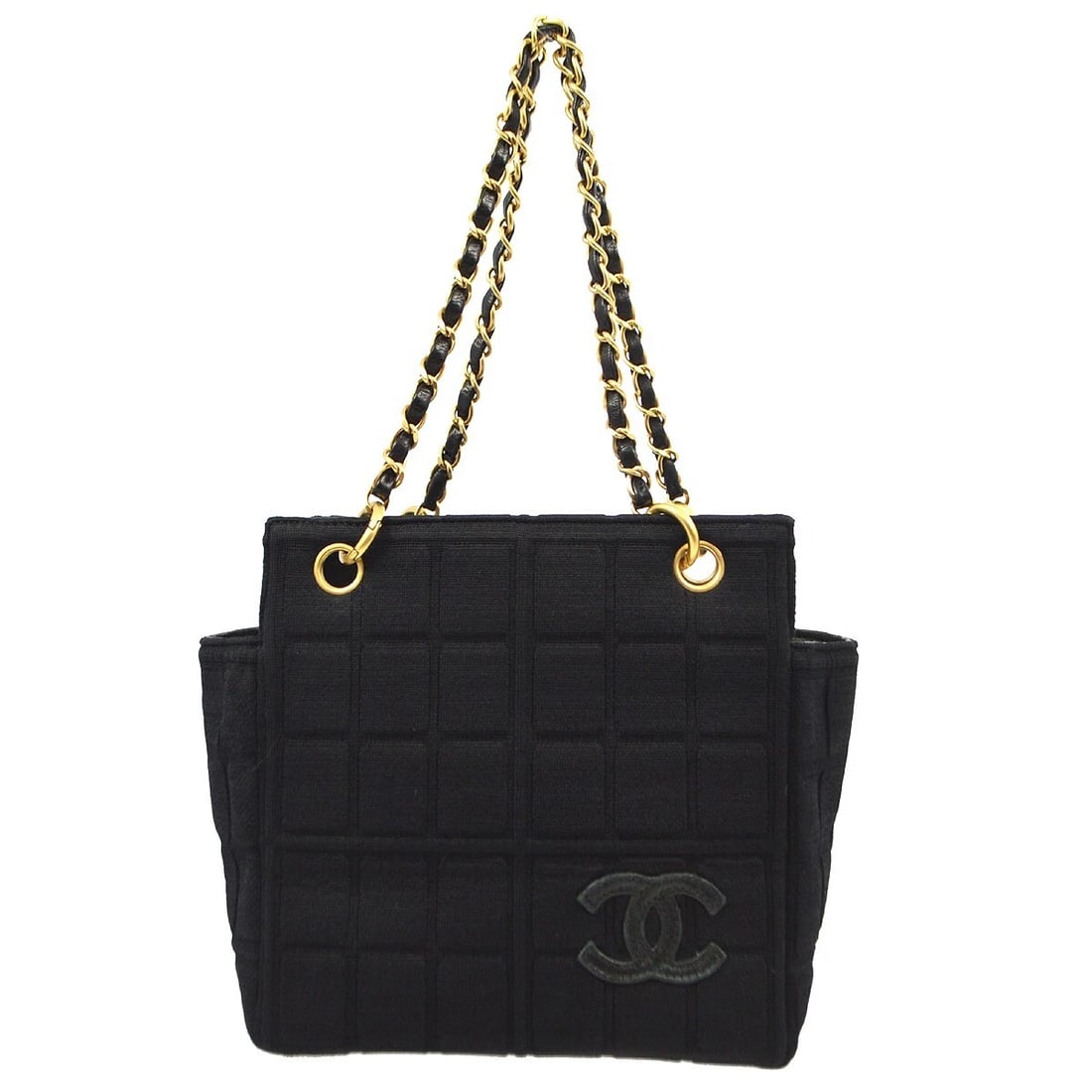 CHANEL BLACK COTTON CHOCO BAR HANDBAG: Chanel Black Cotton Choco Bar Handbag Brand: CHANEL Type/Style: Top Handle Bag Material: Cotton, Lambskin Color: Black Size: W 7.9 x H 7.5 x D 5.1 " Handle Drop. 7.1 " Accessories: None Ac