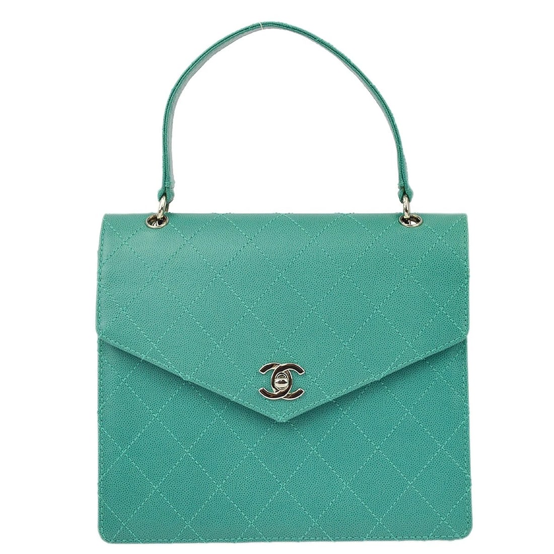 CHANEL GREEN CALFSKIN HANDBAG: Chanel Green Calfskin Handbag Brand: CHANEL Type/Style: Hand bag Material: Caviar Skin Leather Color: Green Size: W 9.4 x H 8.3 x D 3.5 " Handle Drop. 4.7 " Accessories: None Accessories N