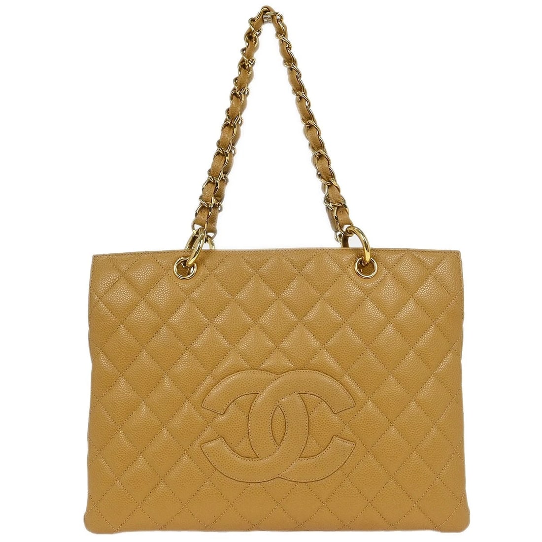 CHANEL BEIGE CALFSKIN TOTE CHAIN HANDBAG: Chanel Beige Calfskin Tote Chain Handbag Brand: CHANEL Type/Style: Tote Material: Caviar skin leather Color: Beige Size: W 13.0 x H 9.1 x D 6.7 " Handle Drop. 8.3 " Accessories: None Acces