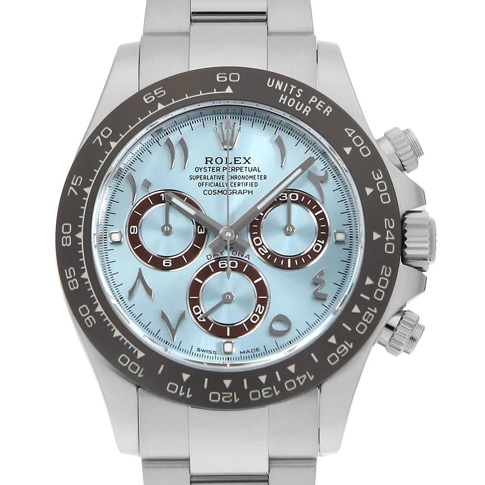 ROLEX COSMOGRAPH DAYTONA ICE BLUE WRIST WATCH: ROLEX Cosmograph Daytona Ice blue Wrist Watch Brand: ROLEX Type: Wrist watch Material: Band Material Platinum, Case Material Platinum Color: Ice Blue Size: Case:W40mm Circumference of Wrist:18.5cm