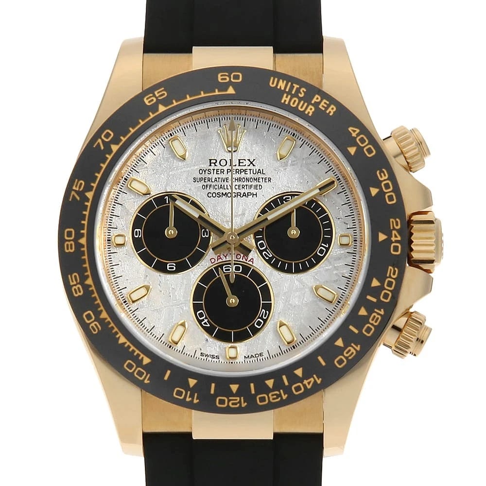ROLEX COSMOGRAPH DAYTONA METEO METEOLITE WRIST WATCH: ROLEX Cosmograph Daytona METEO Meteolite Wrist Watch Brand: ROLEX Type: Wrist watch Material: Band Material rubber, Case Material Yellow Gold Color: Meteorite Size: Case:W40mm Circumference of Wri