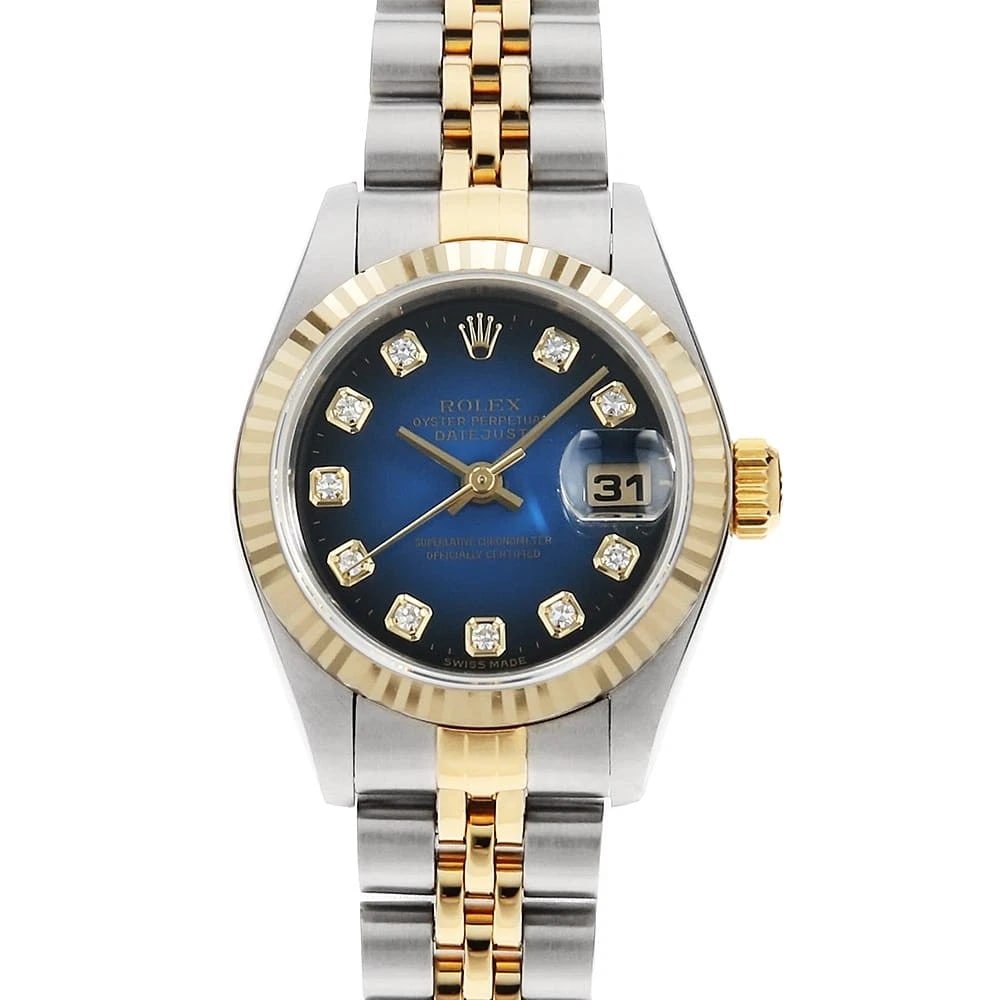 ROLEX DATEJUST 10P DIAMOND BLUE GRADATION WRIST WATCH: ROLEX Datejust 10P Diamond blue Gradation Wrist Watch Brand: ROLEX Type: Wrist watch Material: Band Material Stainless Steel/Yellow Gold, Case Material Stainless Steel/Yellow Gold Color: Blue Size