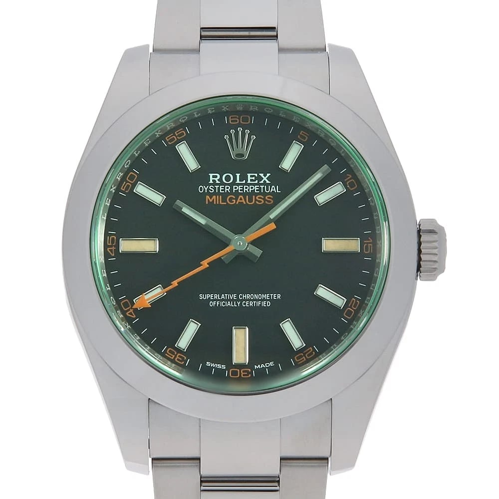 ROLEX MILGAUSS GREEN GLASS BLACK SECOND HAND WRIST WATCH: ROLEX Milgauss green glass black second hand Wrist Watch Brand: ROLEX Type: Wrist watch Material: Band Material Stainless Steel, Case Material Stainless Steel Color: Black Size: Case:W40mm Circumf