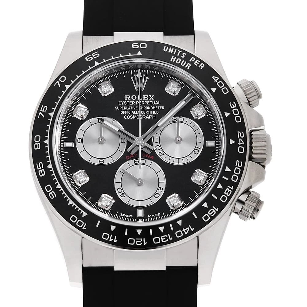 ROLEX COSMOGRAPH DAYTONA 8P DIAMOND WRIST WATCH: ROLEX Cosmograph Daytona 8P diamond Wrist Watch Brand: ROLEX Type: Wrist watch Material: Band Material rubber, Case Material White Gold Color: Black Size: Case:W40mm Circumference of Wrist:18cm A