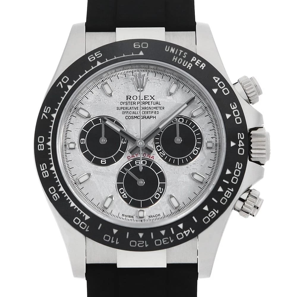 ROLEX COSMOGRAPH DAYTONA METEO METEOLITE X BLACK WRIST WATCH: ROLEX Cosmograph Daytona METEO Meteolite x black Wrist Watch Brand: ROLEX Type: Wrist watch Material: Band Material rubber, Case Material White Gold Color: Meteorite Size: Case:W40mm Circumference
