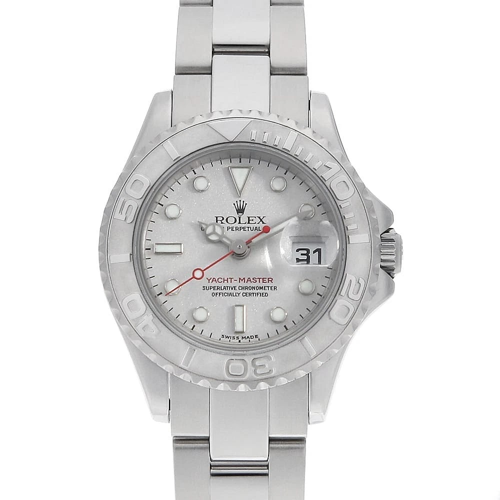 ROLEX YACHT MASTER SILVER SECOND HAND WRIST WATCH: ROLEX Yacht master Silver second hand Wrist Watch Brand: ROLEX Type: Wrist watch Material: Band Material Stainless Steel, Case Material Stainless Steel/Platinum Color: Silver Size: Case:W29mm Circ