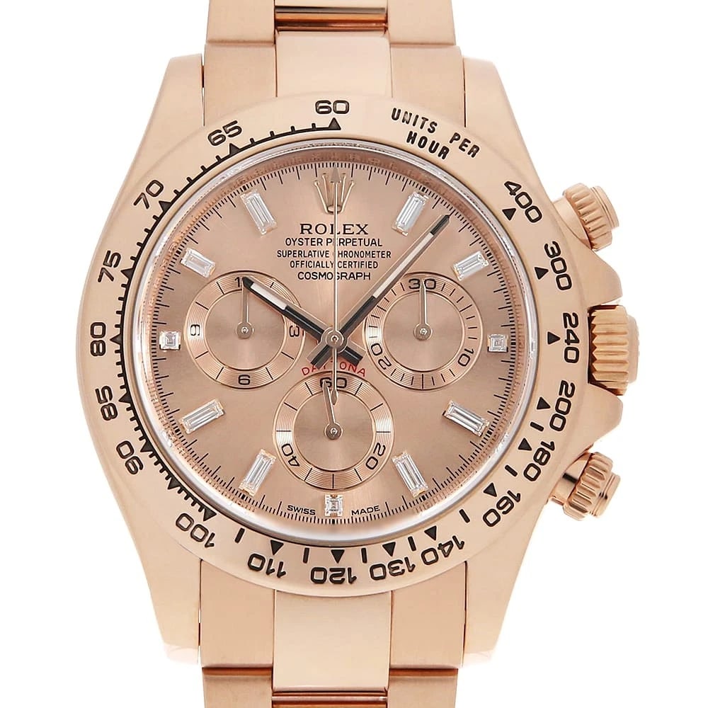 ROLEX COSMOGRAPH DAYTONA BAGUETTE DIAMONDS WRIST WATCH: ROLEX Cosmograph Daytona Baguette Diamonds Wrist Watch Brand: ROLEX Type: Wrist watch Material: Band Material Everose Gold, Case Material Everose Gold Color: Pink Size: Case:W40mm Circumference of