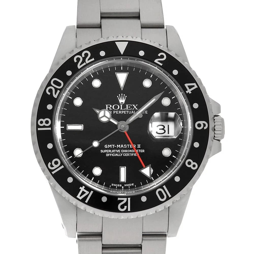 ROLEX GMT MASTER II BLACK BEZEL BLACK WRIST WATCH: ROLEX GMT Master II Black Bezel black Wrist Watch Brand: ROLEX Type: Wrist watch Material: Band Material Stainless Steel, Case Material Stainless Steel Color: Black Size: Case:W40mm Circumference