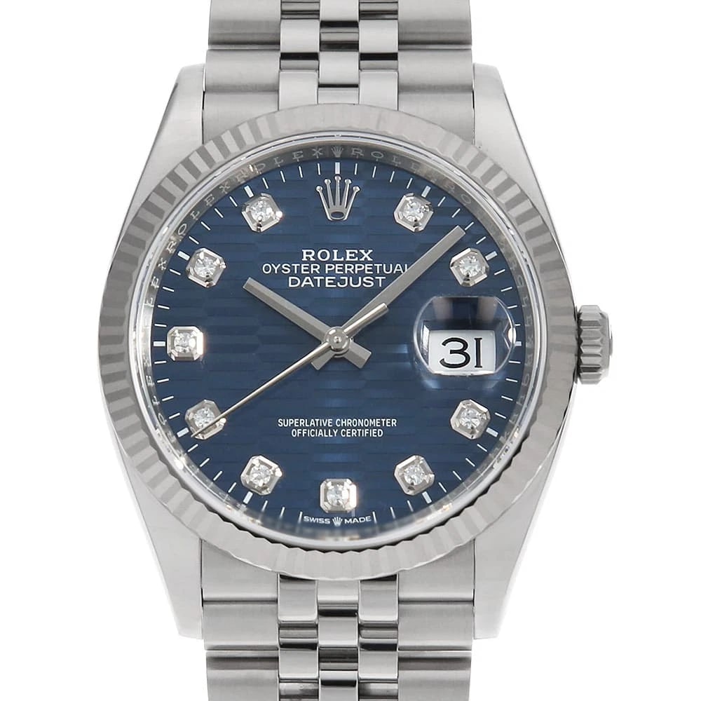 ROLEX DATEJUST 36 10P DIAMOND BLUE FLUTED WRIST WATCH: ROLEX Datejust 36 10P diamond blue Fluted Wrist Watch Brand: ROLEX Type: Wrist watch Material: Band Material Stainless Steel, Case Material Stainless Steel/White gold Color: Blue Size: Case:W36mm