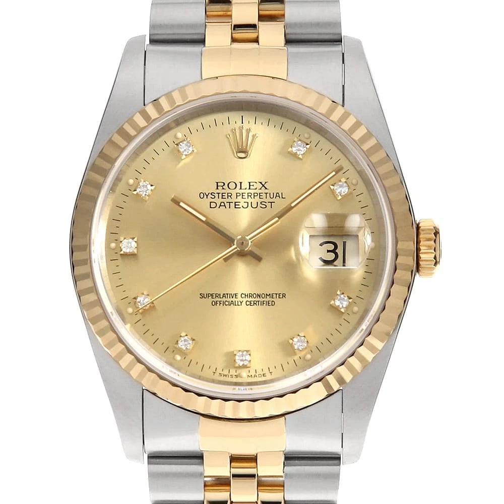 ROLEX DATEJUST 10P DIAMOND CHAMPAGNE WRIST WATCH: ROLEX Datejust 10P Diamond Champagne Wrist Watch Brand: ROLEX Type: Wrist watch Material: Band Material Stainless Steel/Yellow Gold, Case Material Stainless Steel/Yellow Gold Color: Champagne Gold