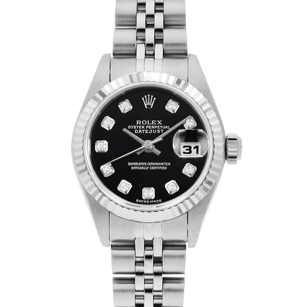 ROLEX DATEJUST DIAMOND BLACK WRIST WATCH: ROLEX Datejust Diamond black Wrist Watch Brand: ROLEX Type: Wrist watch Material: Band Material Stainless Steel, Case Material Stainless Steel Color: Black Size: Case:W26mm Circumference of Wrist: