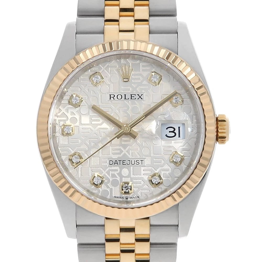 ROLEX DATEJUST 36 10P DIAMOND SILVER WRIST WATCH: ROLEX Datejust 36 10P diamond Silver Wrist Watch Brand: ROLEX Type: Wrist watch Material: Band Material Stainless Steel/Yellow Gold, Case Material Stainless Steel/Yellow Gold Color: Silver Size: C