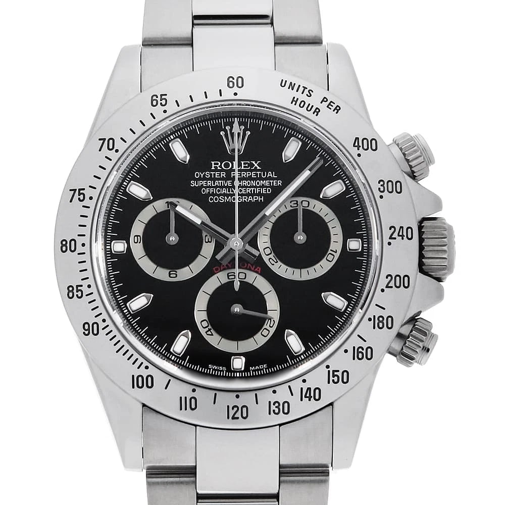 ROLEX COSMOGRAPH DAYTONA BLACK WRIST WATCH: ROLEX Cosmograph Daytona black Wrist Watch Brand: ROLEX Type: Wrist watch Material: Band Material Stainless Steel, Case Material Stainless Steel Color: Black Size: Case:W40mm Circumference of Wris