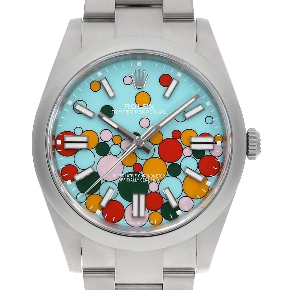 ROLEX OYSTER PERPETUAL 41 TURQUOISE BLUE CELEBRATION WRIST WATCH: ROLEX Oyster Perpetual 41 turquoise blue Celebration Wrist Watch Brand: ROLEX Type: Wrist watch Material: Band Material Stainless Steel, Case Material Stainless Steel Color: Turquoise Blue Size: C