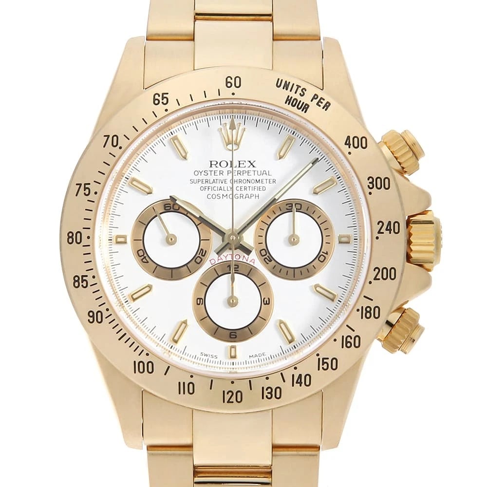 ROLEX COSMOGRAPH DAYTONA WHITE WRIST WATCH: ROLEX Cosmograph Daytona white Wrist Watch Brand: ROLEX Type: Wrist watch Material: Band Material Yellow Gold, Case Material Yellow Gold Color: White Size: Case:W40mm Circumference of Wrist:18cm