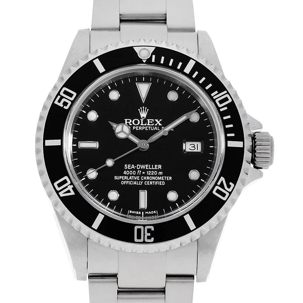 ROLEX SEA-DWELLER BLACK WRIST WATCH: ROLEX SEA-DWELLER black Wrist Watch Brand: ROLEX Type: Wrist watch Material: Band Material Stainless Steel, Case Material Stainless Steel Color: Black Size: Case:W40mm Circumference of Wrist:19cm
