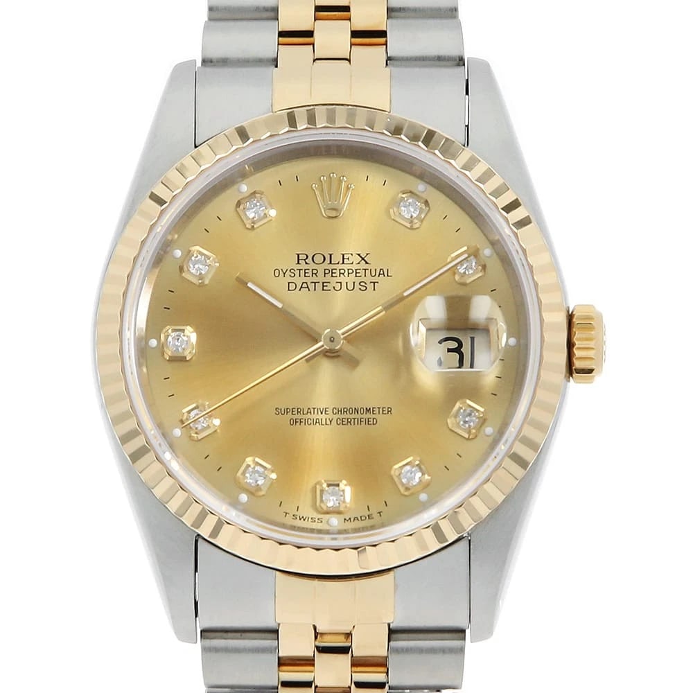 ROLEX DATEJUST 10P DIAMOND CHAMPAGNE WRIST WATCH: ROLEX Datejust 10P Diamond Champagne Wrist Watch Brand: ROLEX Type: Wrist watch Material: Band Material Stainless Steel/Yellow Gold, Case Material Stainless Steel/Yellow Gold Color: Champagne Gold