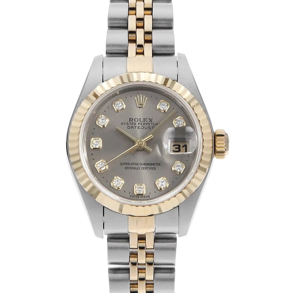 ROLEX DATEJUST 10P DIAMOND GRAY WRIST WATCH: ROLEX Datejust 10P Diamond gray Wrist Watch Brand: ROLEX Type: Wrist watch Material: Band Material Stainless Steel/Yellow Gold, Case Material Stainless Steel/Yellow Gold Color: Gray Size: Case:W26