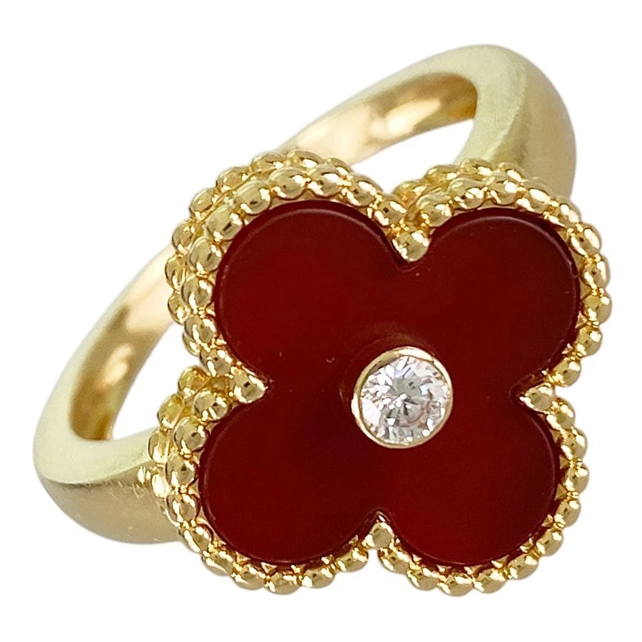 VAN CLEEF & ARPELS VINTAGE ALHAMBRA YELLOW GOLD CARNELIAN DIAMOND RING: Van Cleef & Arpels Vintage Alhambra Yellow gold Carnelian Diamond Ring Brand: Van Cleef & Arpels Type/Style: Ring Material: 18K Yellow Gold, Main Stone/Creation Carnelian Color: Gold Size: US:6