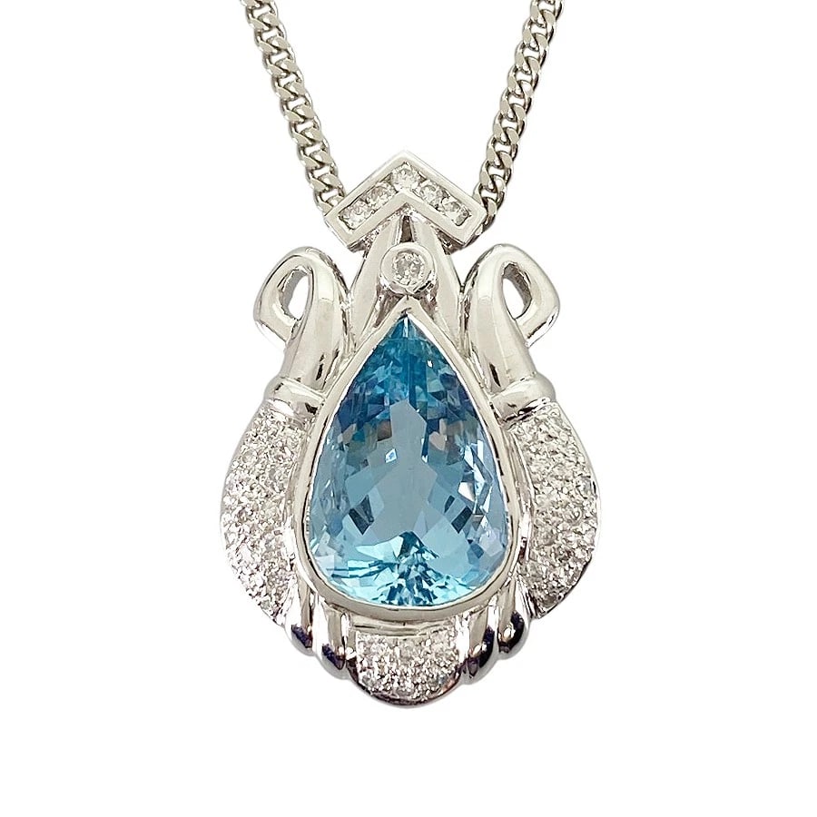 NECKLACE PLATINUM AQUAMARINE DIAMOND: Necklace Platinum Aquamarine Diamond Brand: Unsigned Jewelry Type/Style: Necklace Material: Pt900 Pt850, Main Stone/Creation Aquamarine Color: Silver Size: Top size:32.0mm×22.0mm Necklace full