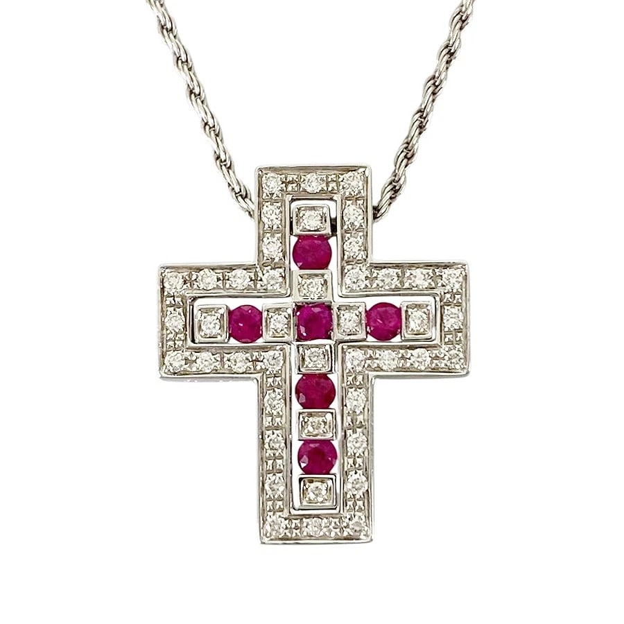 DAMIANI BELLE EPOQUE WHITE GOLD RUBY DIAMOND NECKLACE: Damiani Belle Epoque White gold Ruby Diamond Necklace Brand: Damiani Type/Style: Necklace Material: 18K White Gold, Main Stone/Creation Ruby Color: Silver Size: Top size:22.5mm×18.5mm Necklace