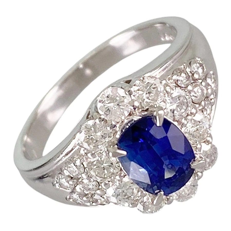 RING PLATINUM BLUE SAPPHIRE DIAMOND: Ring Platinum Blue Sapphire Diamond Brand: Unsigned Jewelry Type/Style: Ring Material: Platinum 900, Main Stone/Creation Sapphire Color: Silver Size: US:5.5 Accessories: None Accessories