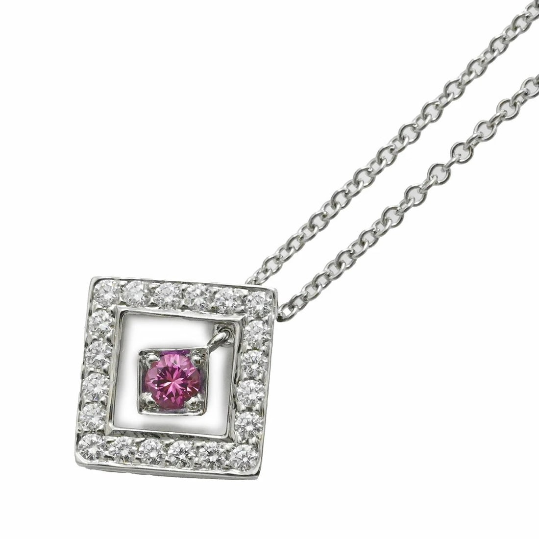 TIFFANY PT950 PLATINUM OPEN SQUARE DIAMOND PINK SAPPHIRE NECKLACE: Tiffany PT950 Platinum Open Square Diamond Pink Sapphire Necklace Brand: Tiffany & Co. Type/Style: Necklace Material: Metal Purity Pt950, Metal Pt950, Main Stone/Creation Natural Color: None Size: